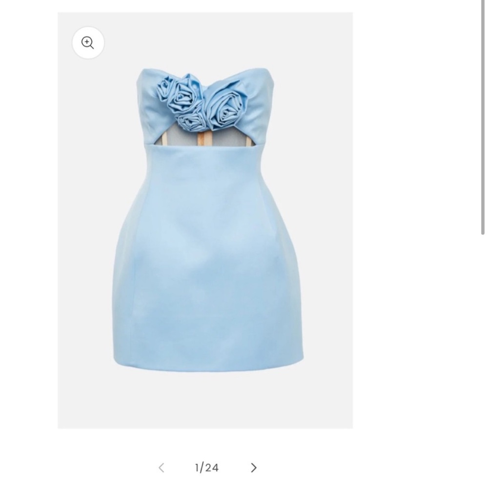 Yojani blue mini dress with flower appliqué. Size US 8
